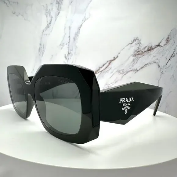 New PRADA Sunglasses Black Silver Symbole Logo Oversized Square Frame 54mm - Picture 9 of 16